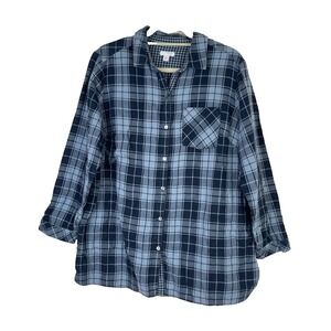 J Jill 100% Cotton Plaid Flannel Button Up Shirt Top Blue Long Sleeve‎ Size 1X